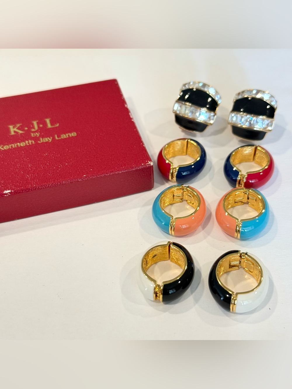 KJL Vintage Clip On Earrings Lot Blue Orange Enamel Red Black Huggie Hoop